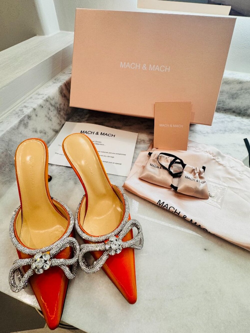 Mach & Mach Crystal Double Bow Pointed Toe Mule 8.5 US / 38.5 EU, LED ORANGE